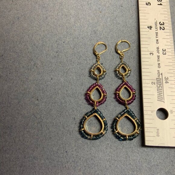 Long Teardrop Drop Earrings 3.5 In Gold Pink Blue Seed Beads Dangle Retro Glam - Picture 3 of 3